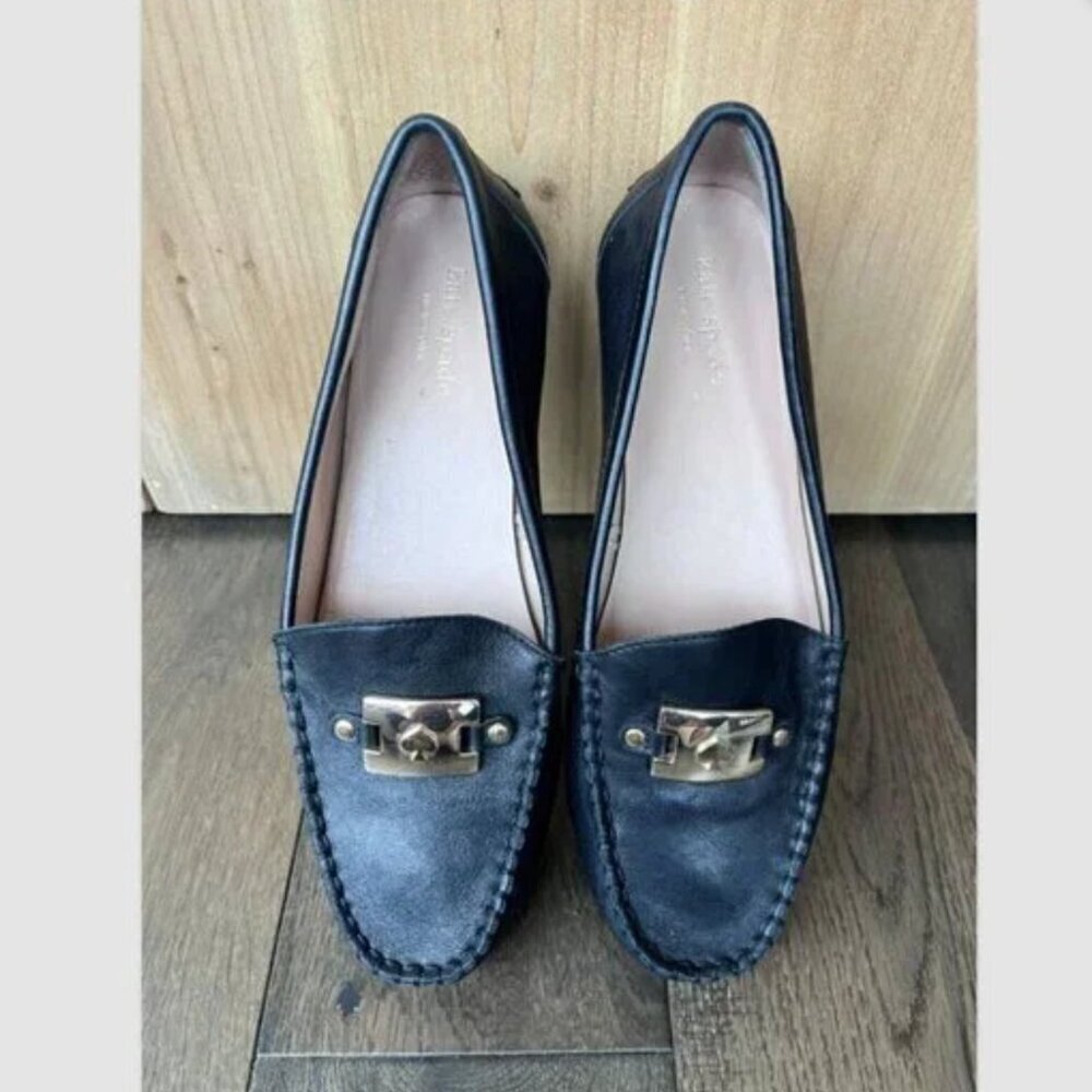 Kate Spade Carmen Black Leather Loafers Size 7.5 Gold Hardware Driving Flats